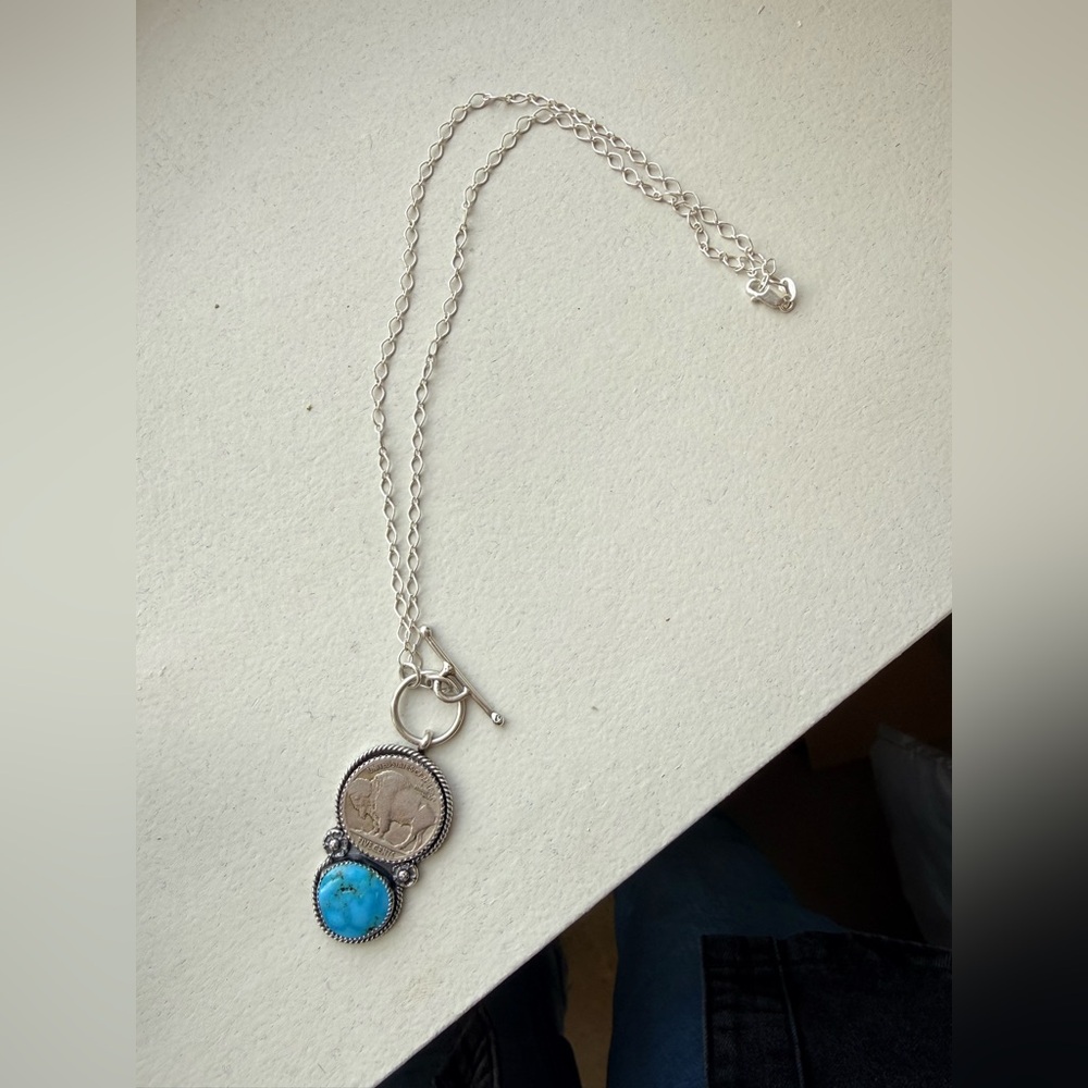 Elaine Silver Co. Buffalo Coin & Turquoise Toggle Necklace - 18” & adjustable